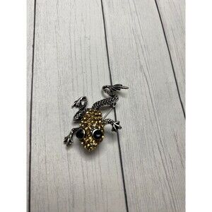 Rhinestone Frog Brooch Pin 2 Inch Yellow Crystal Black Eyes Silver Tone
